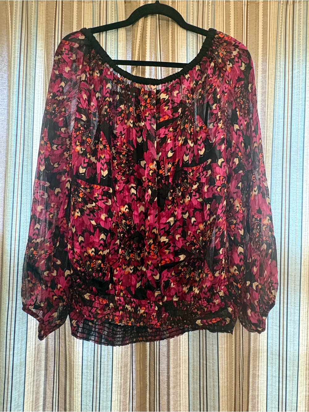 Lane Bryant Pink and Black Sheer Multi-Print Blouse